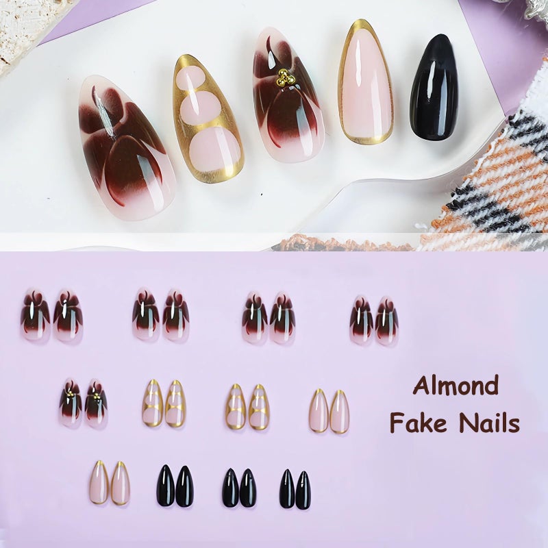MISUD Press on Nails - Medium Almond Glue on Nails with Fall Brown, Acrylic Gold Chrome Design 24 pcs - Image 3